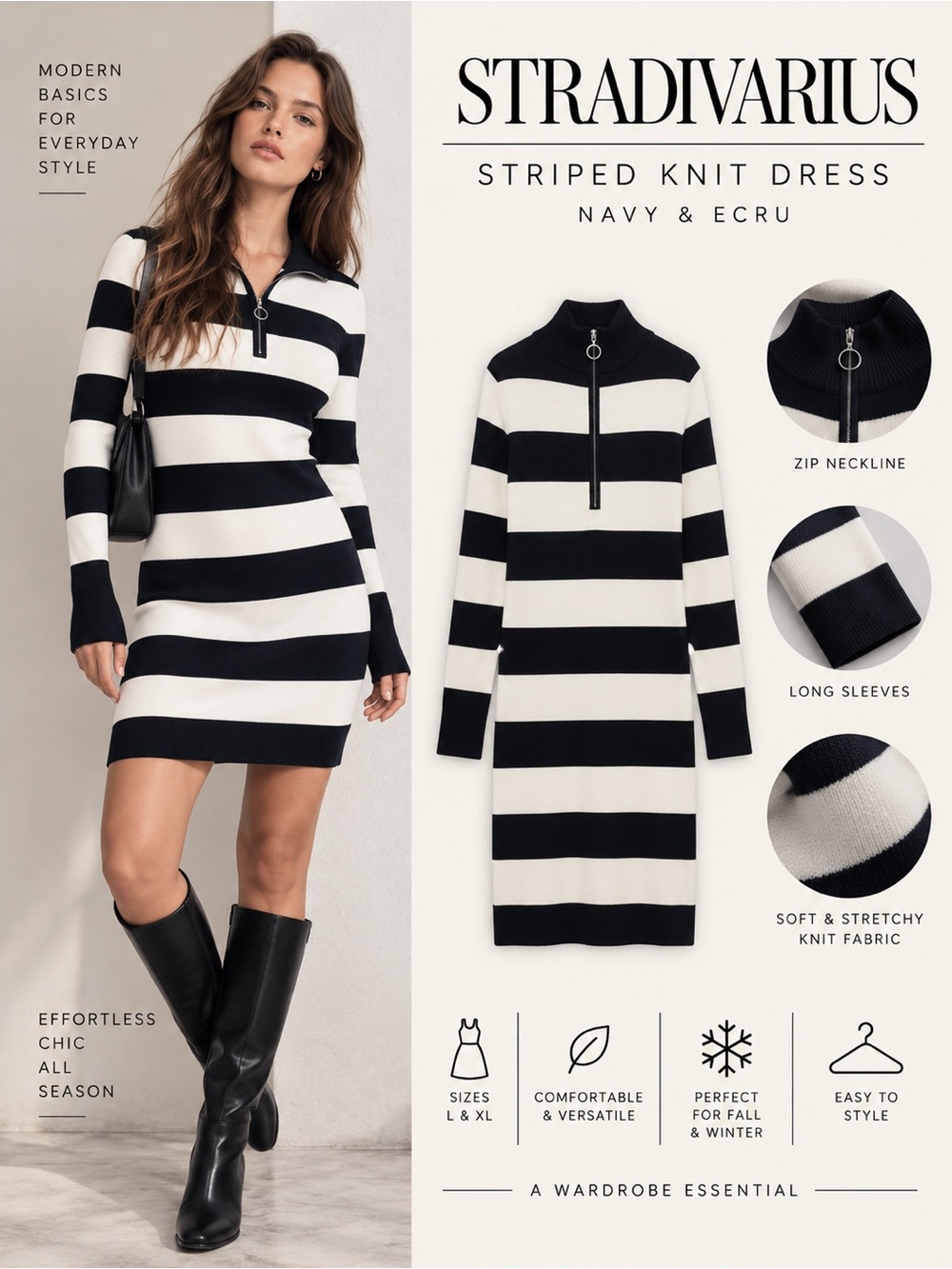 STRADIVARIUS Navy Ecru Striped Knit Zip Mini Dress L XL NWT 7532/235